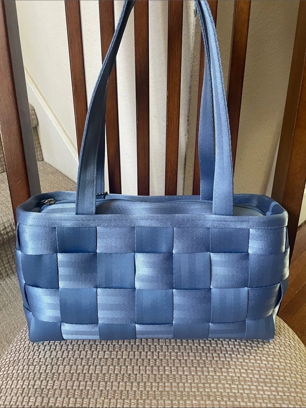 Harveys Denim Light Blue Woven Tote Bag with Red Tag